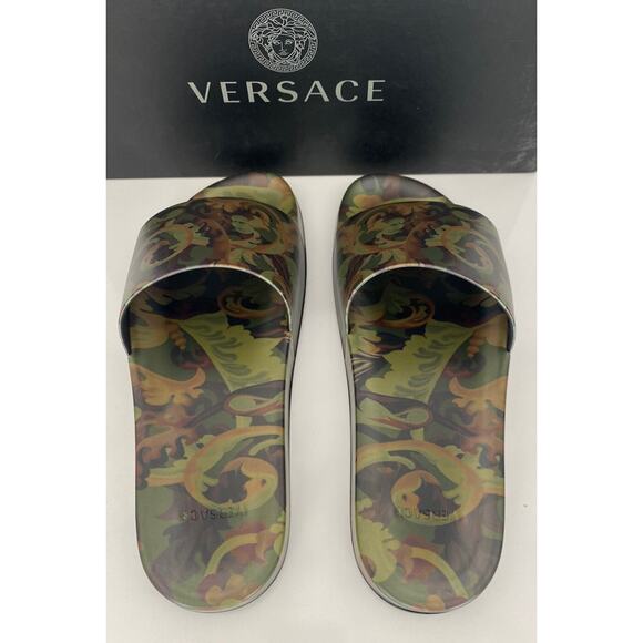 Versace Baroccoflage Slides Sandals Khaki 13 US (46 Euro) IT DSU6516 NIB $395 - Picture 6 of 11